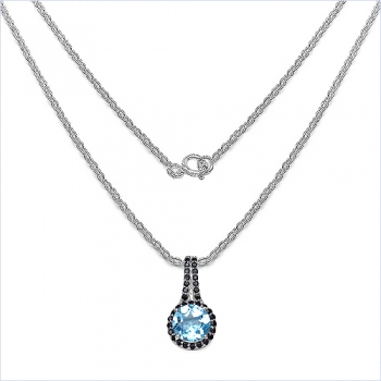 Collier/Kette mit Blautopas/Schwarzem Spinell-Anhänger Silber/Rhodiniert-5,10 Karat