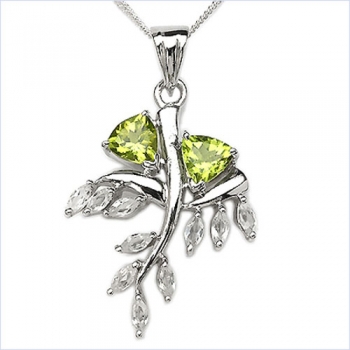 Designer-Kette mit grünem Peridot und Weiß-Topas-Anhänger-Silber Rhodiniert