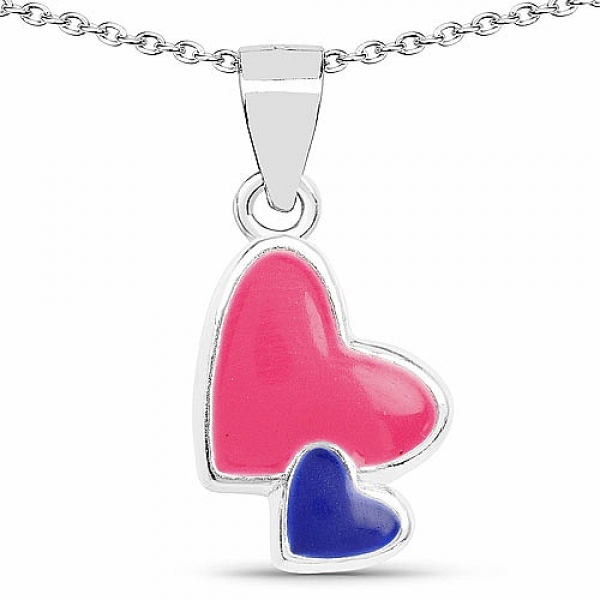 Collier/Kette mit Kinder-Anhänger Pink/Blaues Herz-925 Sterling Silber Rodiniert