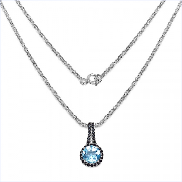 Collier/Kette mit Blautopas/Schwarzem Spinell-Anhänger Silber/Rhodiniert-5,10 Karat