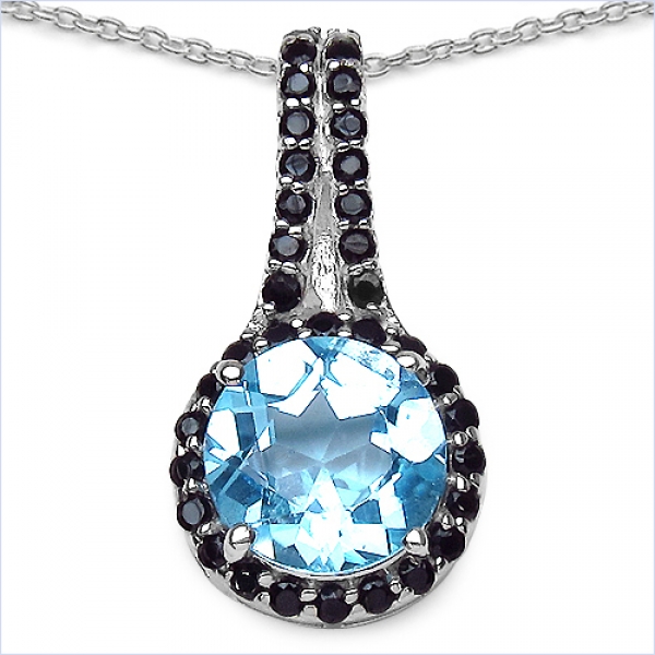 Collier/Kette mit Blautopas/Schwarzem Spinell-Anhänger Silber/Rhodiniert-5,10 Karat