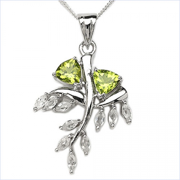 Designer-Kette mit grünem Peridot und Weiß-Topas-Anhänger-Silber Rhodiniert