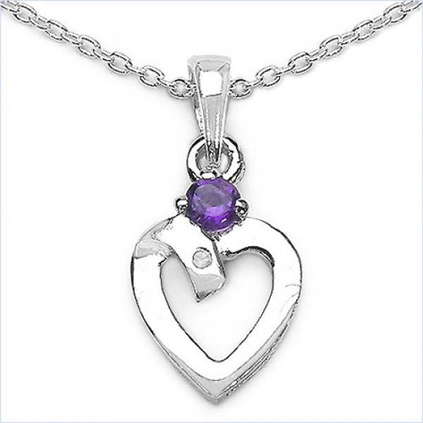 Collier mit Diamant/Amethyst/ Herz-Anhänger Rhodiniert