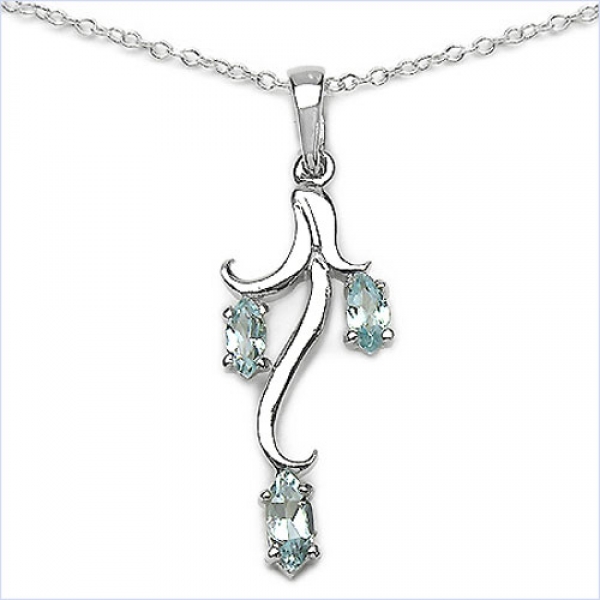 Collier/Kette mit Aquamarin-Anhänger 925 Sterling Silber-Rhodiniert 0,48 Karat