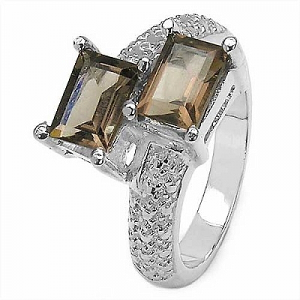 Seltener Smoky-Topas(Rauchquarz)-Baguette-Ring-Silber Rhodiniert-3,20 Karat